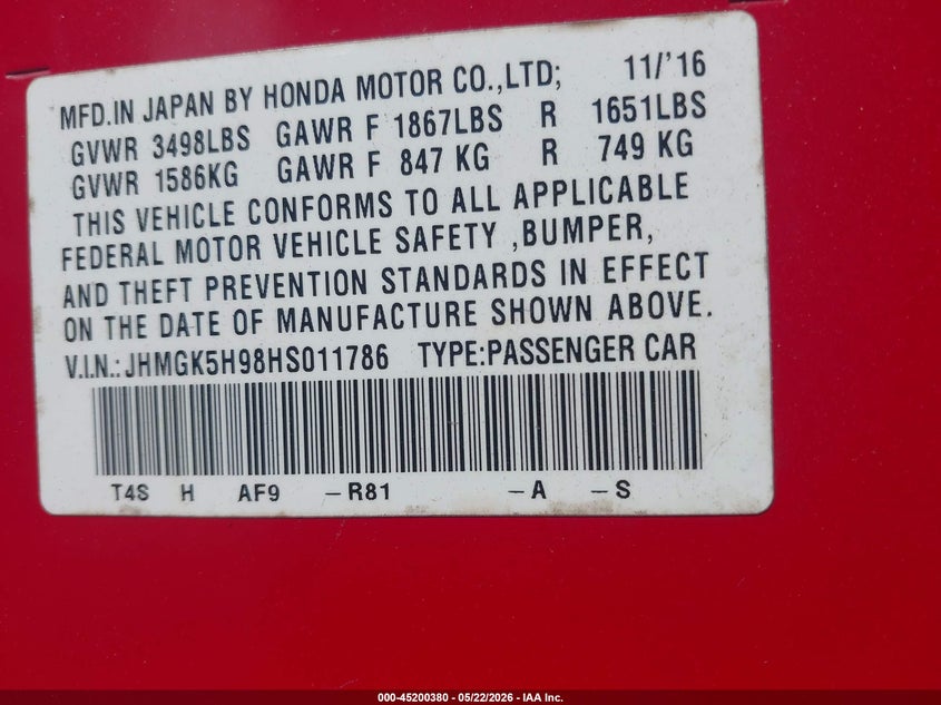 2017 Honda Fit Ex-L VIN: JHMGK5H98HS011786 Lot: 45200380