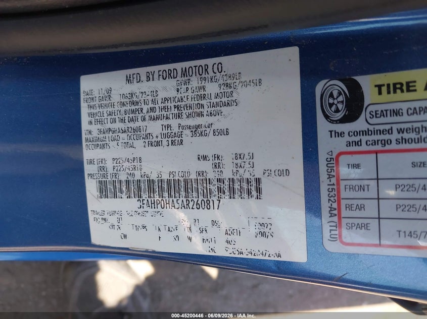FORD FUSION 2010 VIN 3FAHP0HA5AR260817