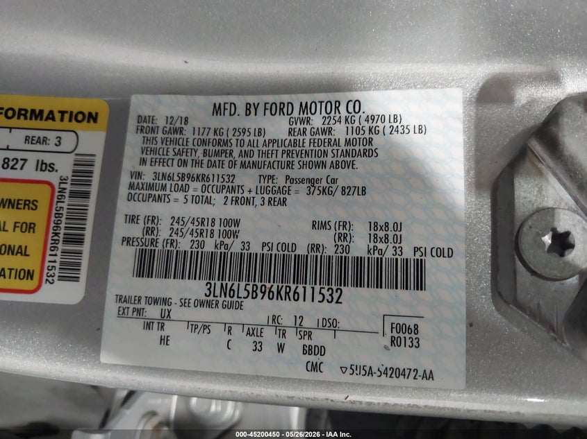 2019 Lincoln Mkz Standard VIN: 3LN6L5B96KR611532 Lot: 45200450