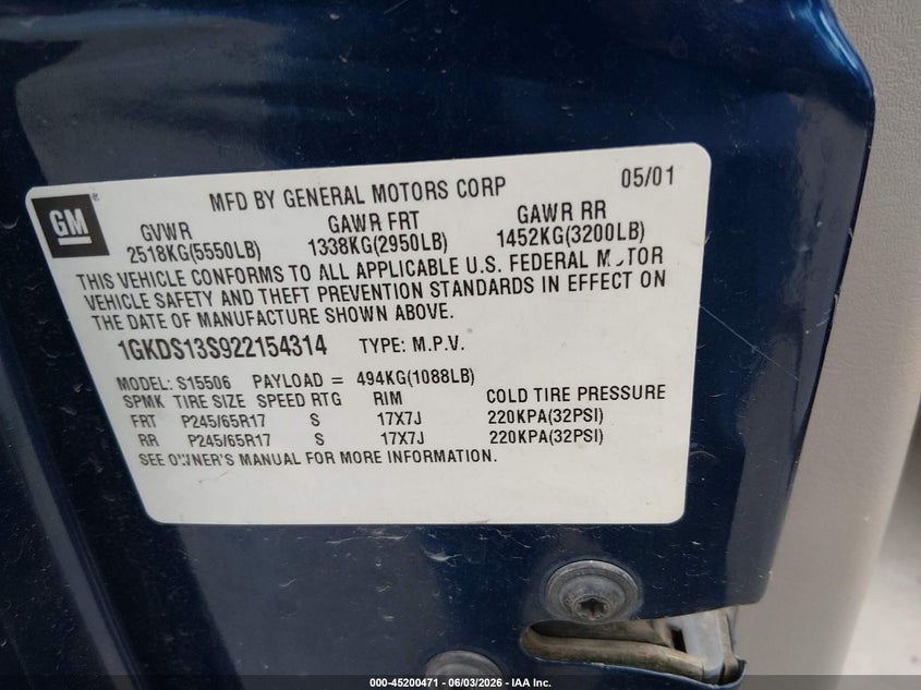 2002 GMC Envoy Sle VIN: 1GKDS13S922154314 Lot: 45200471