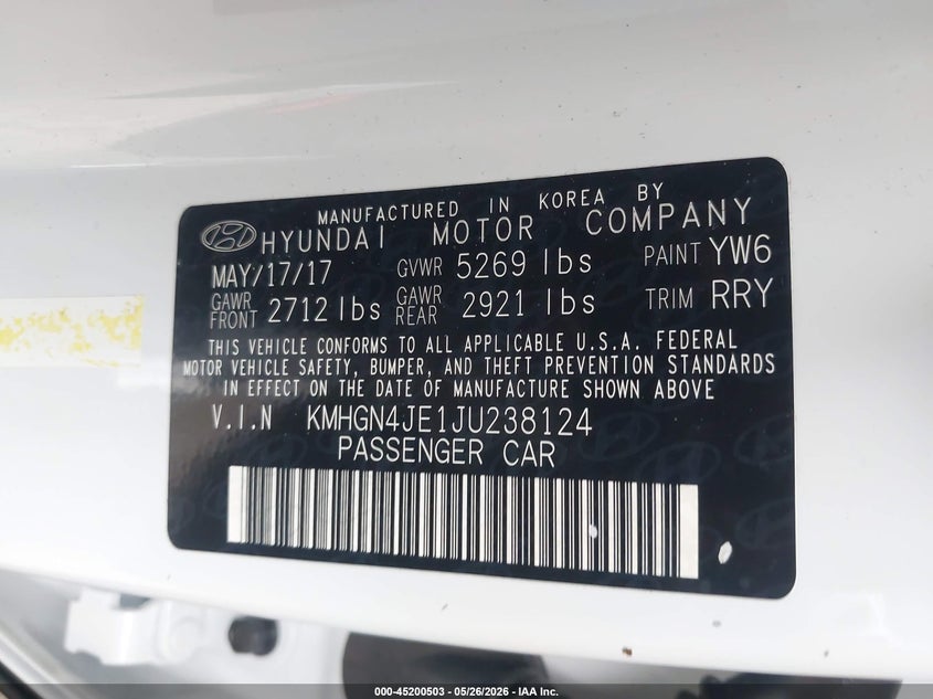 2018 Genesis G80 3.8 VIN: KMHGN4JE1JU238124 Lot: 45200503