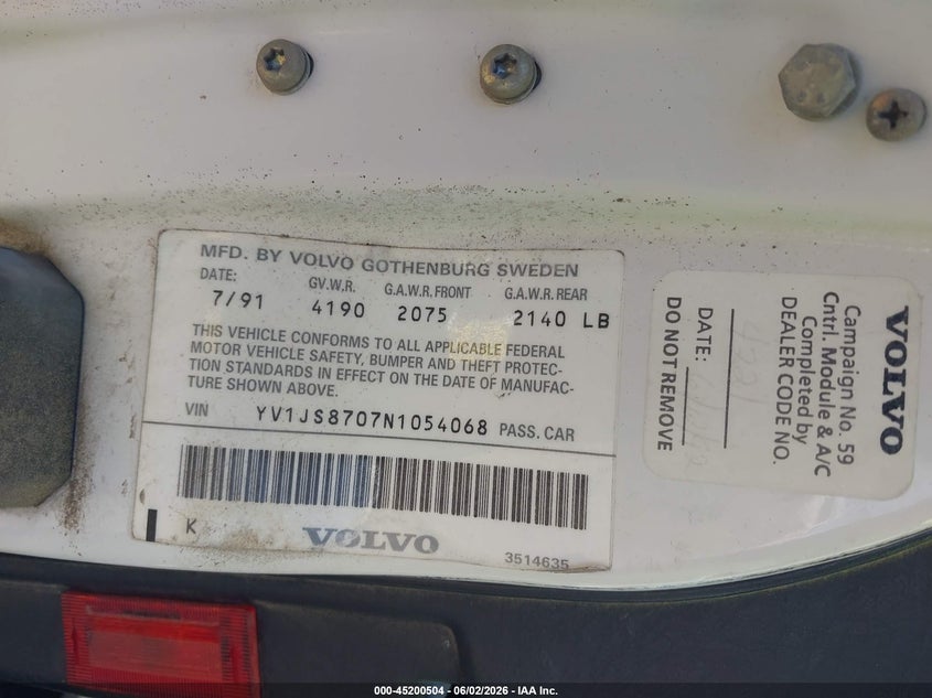 1992 Volvo 940 Gle VIN: YV1JS8707N1054068 Lot: 45200504