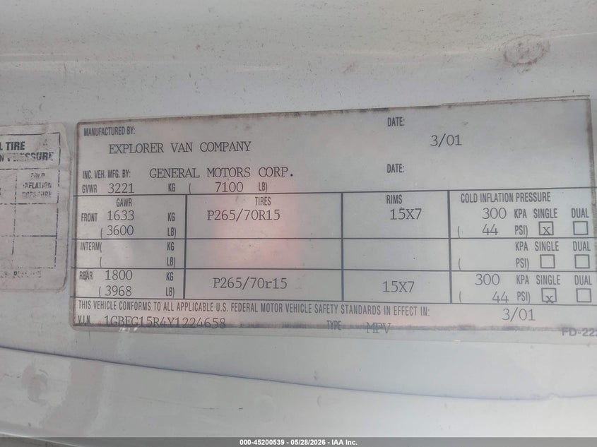 2000 Chevrolet Express Upfitter Pkg. VIN: 1GBFG15R4Y1224658 Lot: 45200539