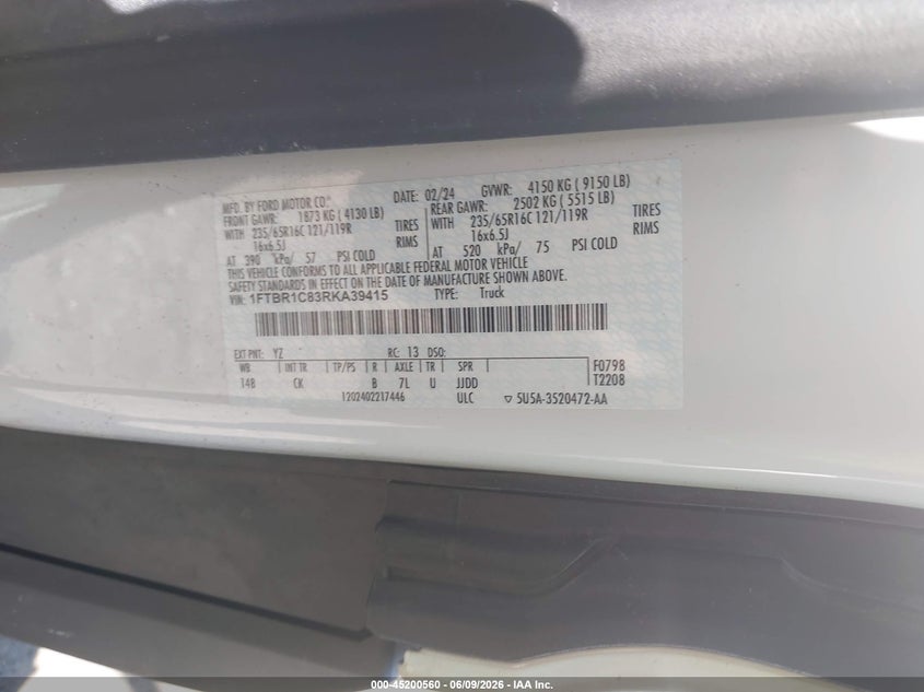 2024 FORD TRANSIT-250 3.5L V-6 DI, DOHC, V(VIN: 1FTBR1C83RKA39415