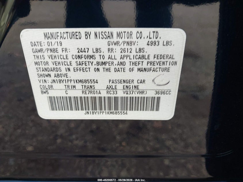 2019 Infiniti Q70L 3.7 Luxe VIN: JN1BY1PP1KM685554 Lot: 45200572