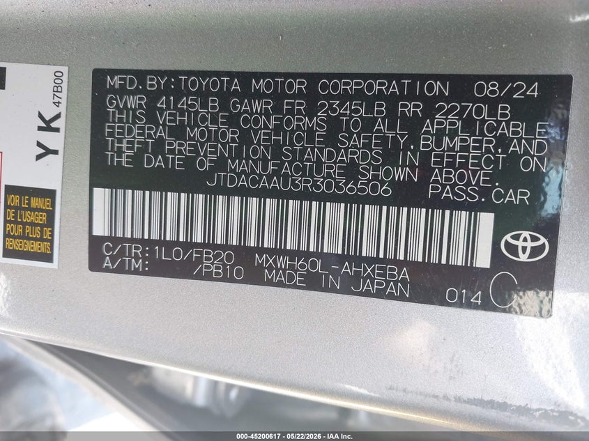 2024 Toyota Prius Le VIN: JTDACAAU3R3036506 Lot: 45200617