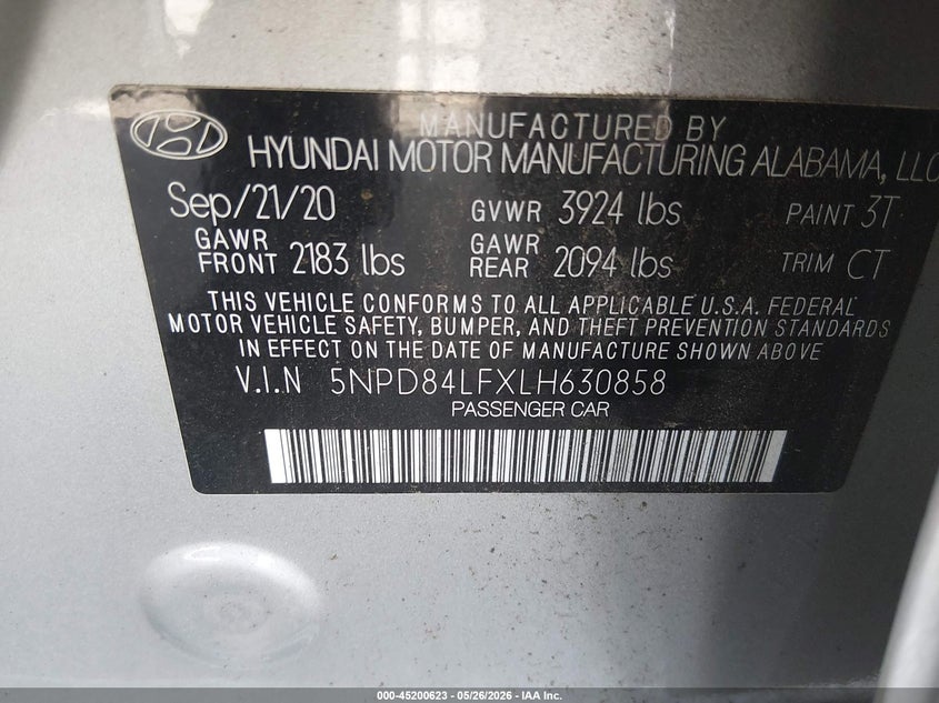 VIN 5NPD84LFXLH630858 2020 HYUNDAI ELANTRA VALUE EDITION