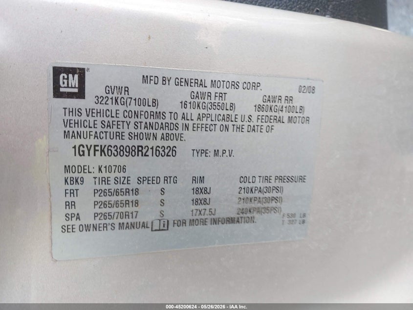 2008 Cadillac Escalade Standard VIN: 1GYFK63898R216326 Lot: 45200624
