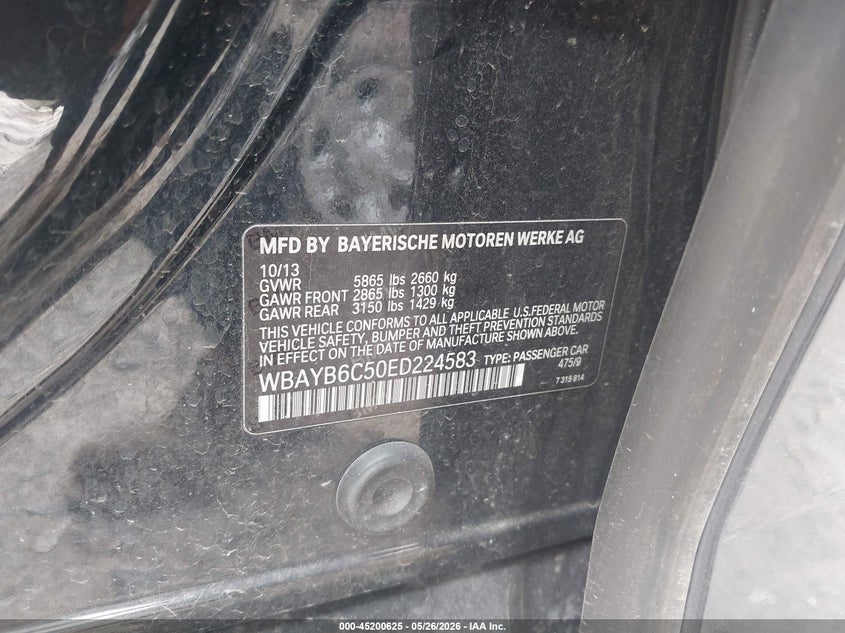 2014 BMW 750I xDrive VIN: WBAYB6C50ED224583 Lot: 45200625