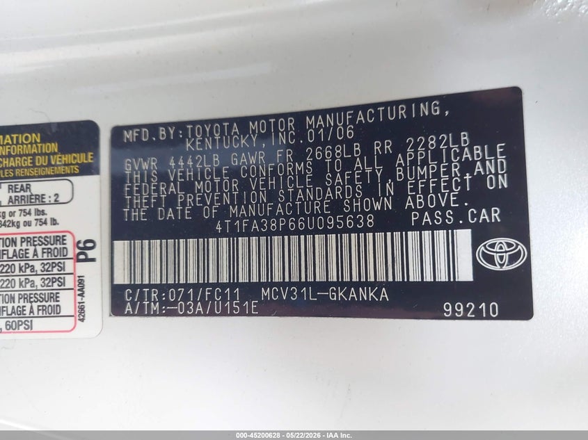 2006 Toyota Camry Solara Se VIN: 4T1FA38P66U095638 Lot: 45200628