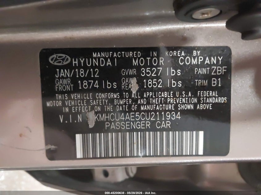 2012 Hyundai Accent Gls VIN: KMHCU4AE5CU211934 Lot: 45200638