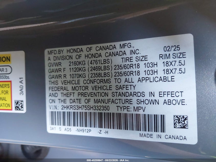 VIN 2HKRS3H75SH332350 2025 HONDA CR-V EX-L 2WD