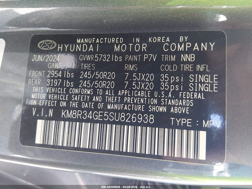 2025 Hyundai Palisade Xrt VIN: KM8R34GE5SU826938 Lot: 45200659