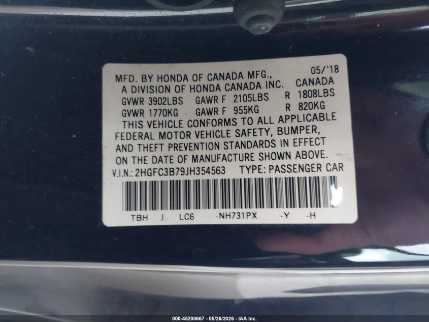 VIN 2HGFC3B79JH354563 2018 HONDA CIVIC EX-L