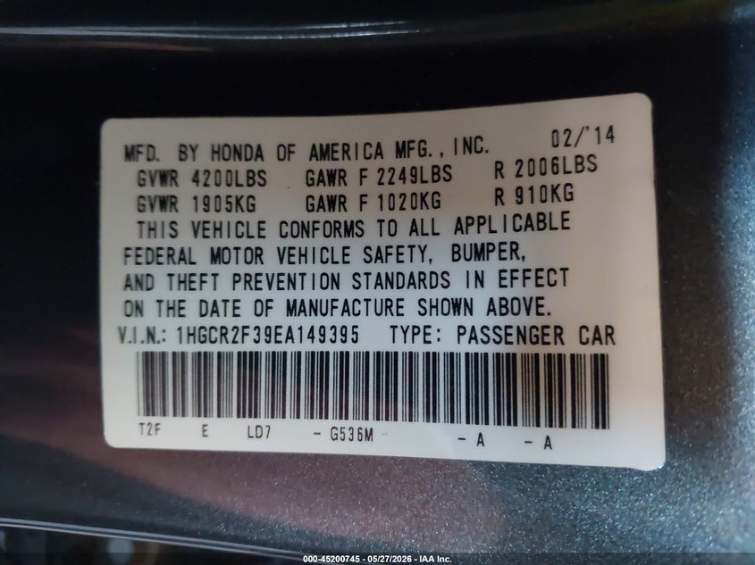 2014 HONDA ACCORD SEDAN 2.4L I-4 DI, DOHC, VVT, 185HP