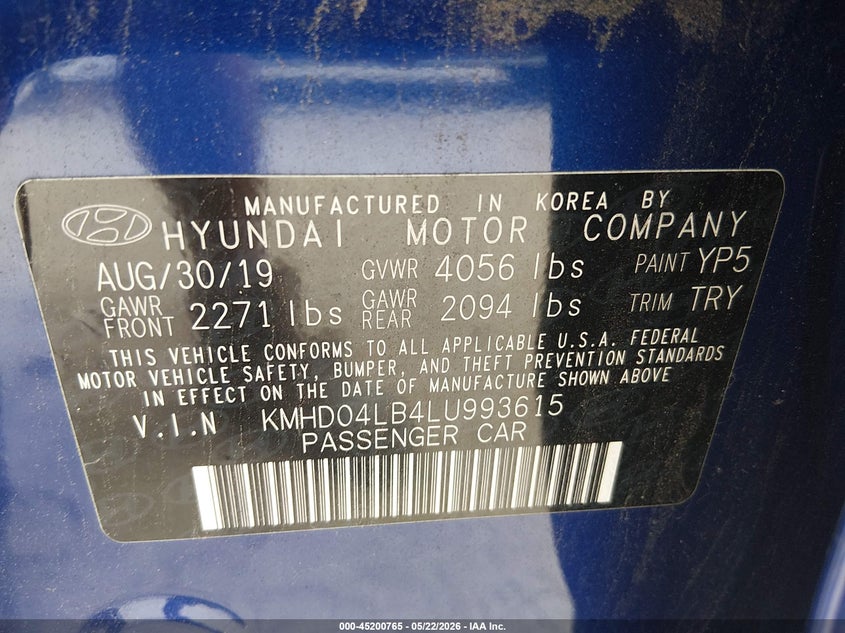 2020 Hyundai Elantra Sport VIN: KMHD04LB4LU993615 Lot: 45200765