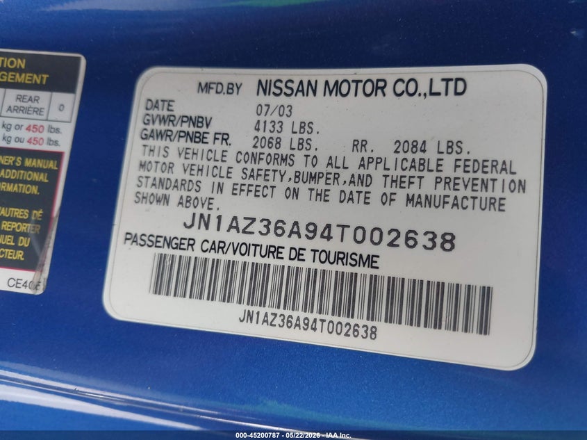 2004 Nissan 350Z Touring VIN: JN1AZ36A94T002638 Lot: 45200787