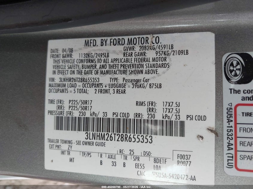 2008 Lincoln Mkz VIN: 3LNHM26T28R655353 Lot: 45200798