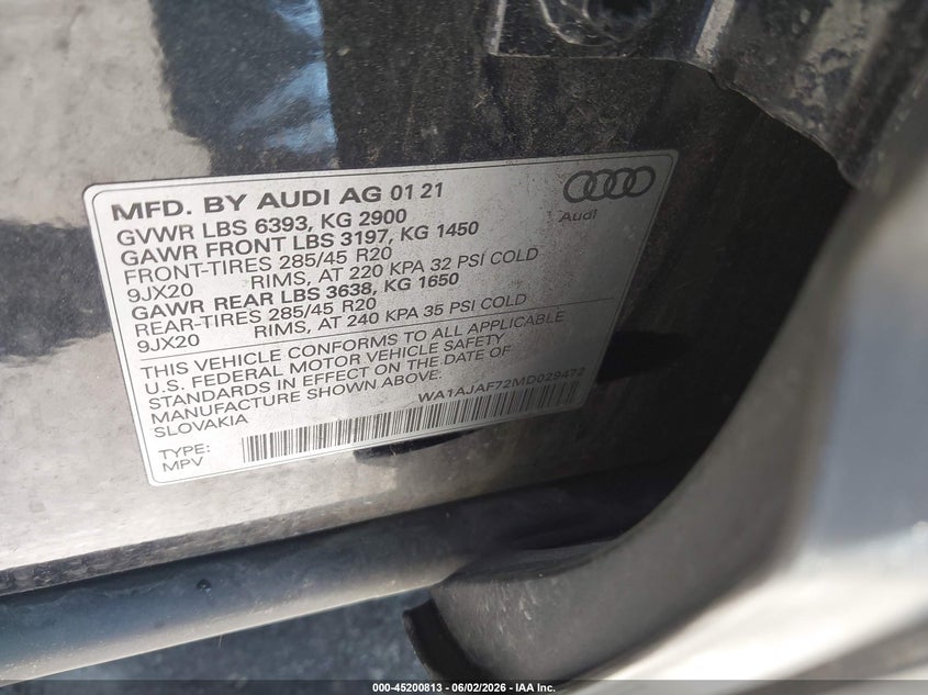 2021 Audi Q7 Premium 45 Tfsi Quattro Tiptronic VIN: WA1AJAF72MD029472 Lot: 45200813
