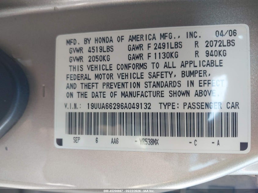 2006 Acura Tl VIN: 19UUA66296A049132 Lot: 45200867