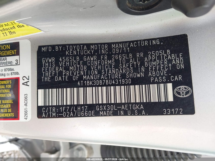 2011 Toyota Avalon 3.5 silver Lot 111045200920 Vin 4T1BK3DB7BU431930