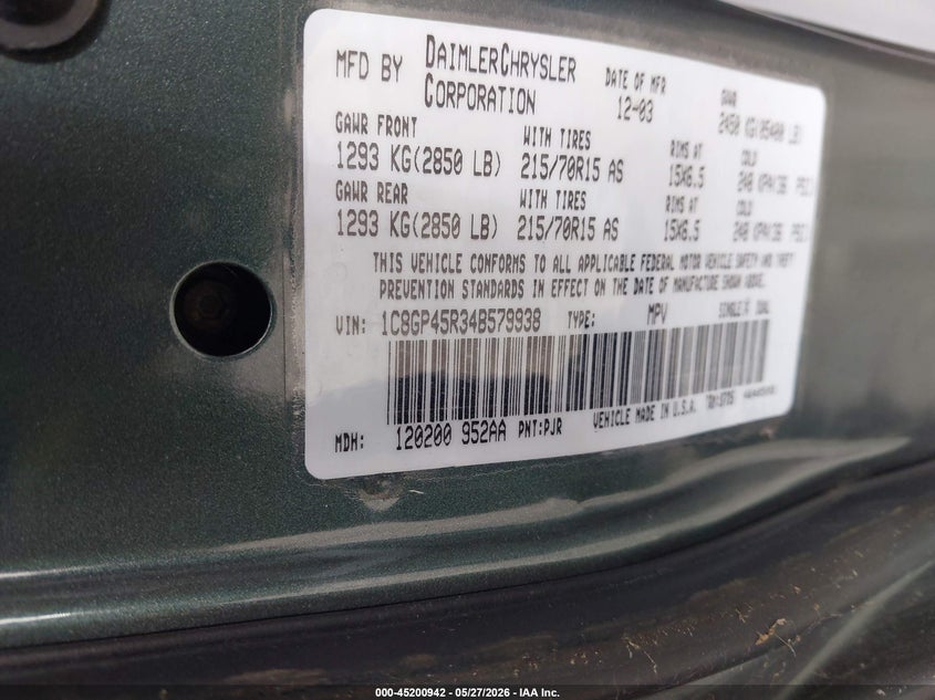 2004 Chrysler Town & Country VIN: 1C8GP45R34B579938 Lot: 45200942