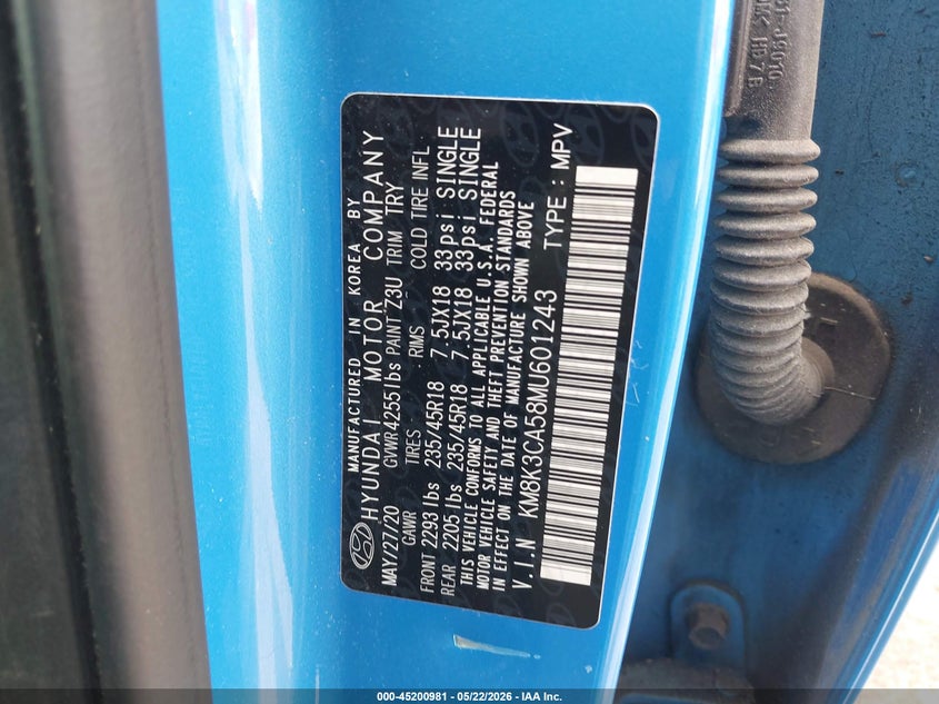 VIN KM8K3CA58MU601243 2021 HYUNDAI KONA LIMITED