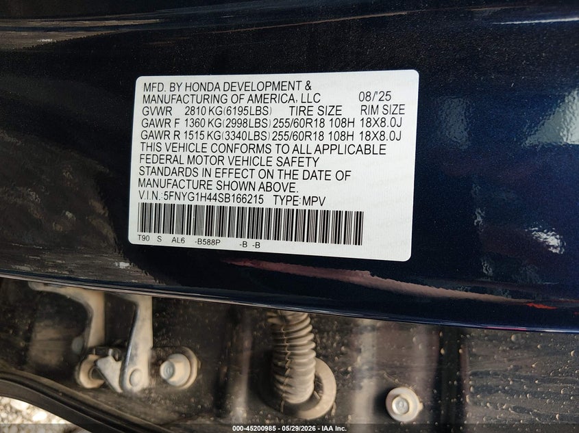 2025 Honda Pilot Ex-L VIN: 5FNYG1H44SB166215 Lot: 45200985
