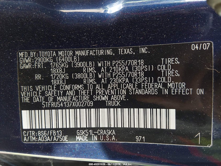 2007 Toyota Tundra Sr5 V6 VIN: 5TFRU54137X002709 Lot: 45201028