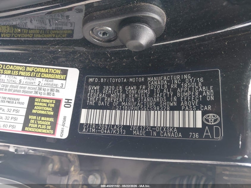 2016 TOYOTA COROLLA SEDAN 1.8L 4