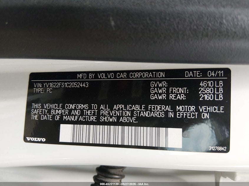 2012 Volvo S60 2.5 T5 white Lot 111045201120 Vin YV1622FS1C2052443