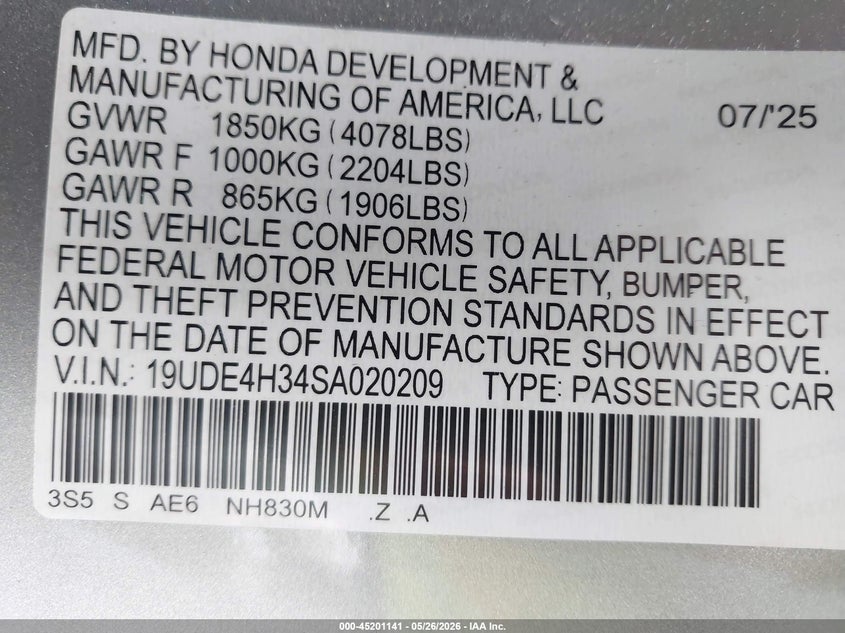 2025 Acura Integra A-Spec VIN: 19UDE4H34SA020209 Lot: 45201141
