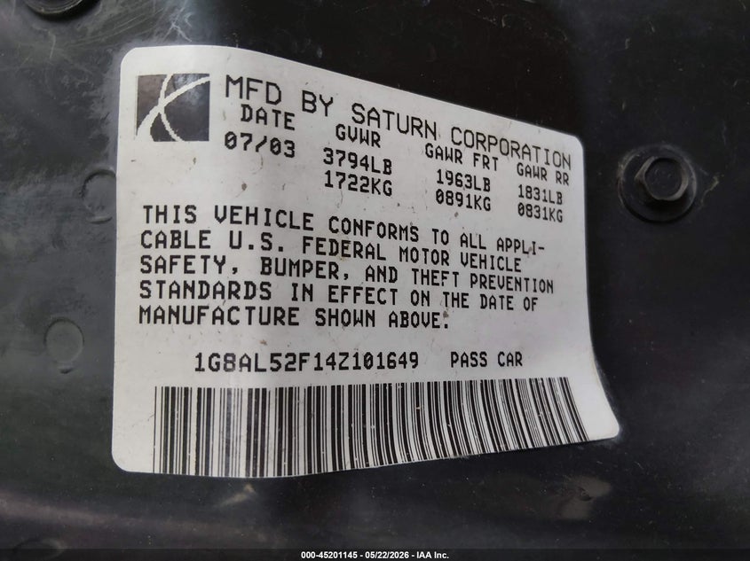 2004 Saturn Ion 3 VIN: 1G8AL52F14Z101649 Lot: 45201145