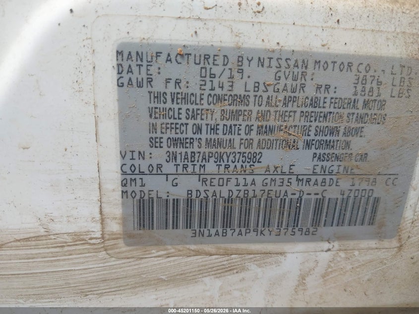 VIN 3N1AB7AP9KY375982 2019 NISSAN SENTRA SV