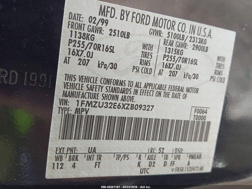 1999 Ford Explorer VIN: 1FMZU32E6XZB09327 Lot: 45201161