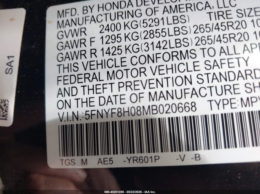 2021 Honda Passport Awd Elite VIN: 5FNYF8H08MB020668 Lot: 45201208