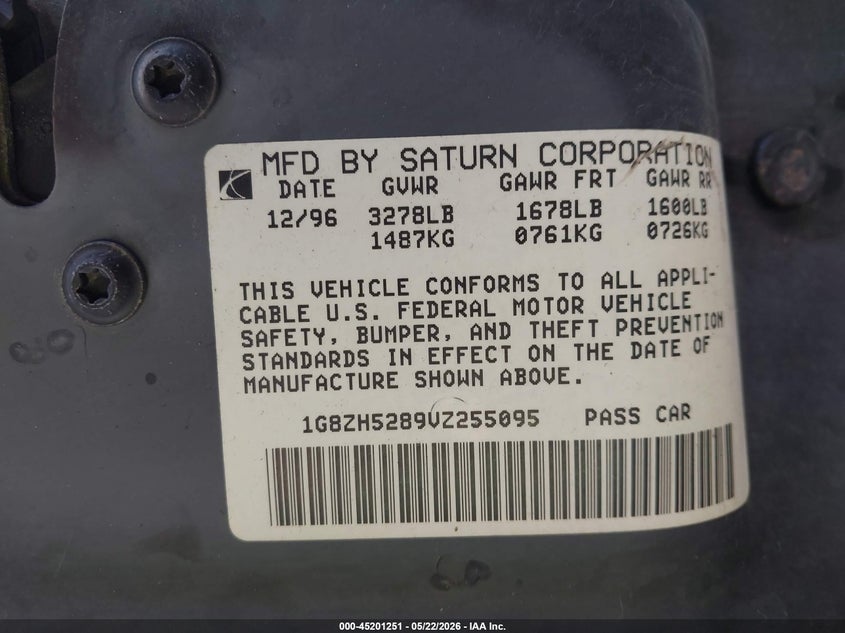 1997 Saturn Sl Sl1 VIN: 1G8ZH5289VZ255095 Lot: 45201251