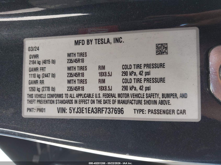 2024 Tesla Model 3 Long Range Dual Motor All-Wheel Drive/Rear-Wheel Drive VIN: 5YJ3E1EA3RF737696 Lot: 45201288