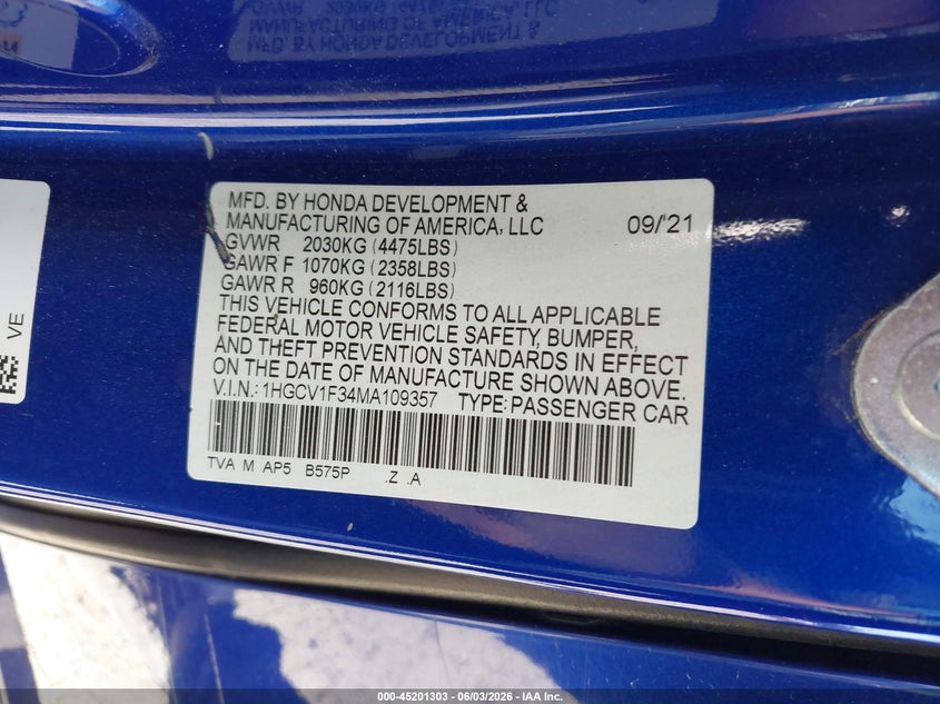VIN 1HGCV1F34MA109357 2021 HONDA ACCORD SPORT