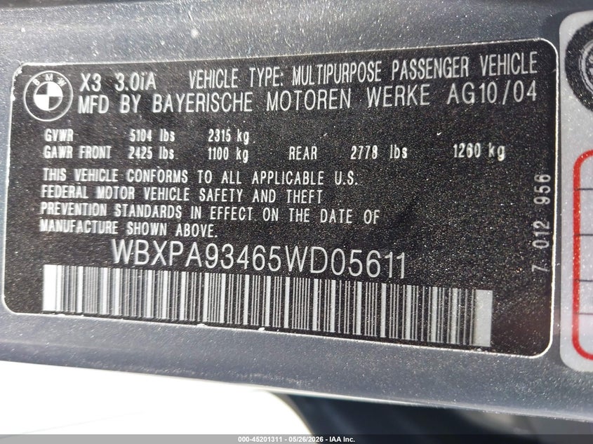 2005 BMW X3 3.0I VIN: WBXPA93465WD05611 Lot: 45201311