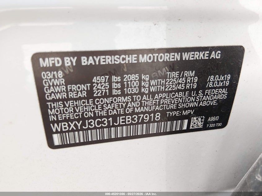 2018 BMW X2 Sdrive28I VIN: WBXYJ3C31JEB37918 Lot: 45201356