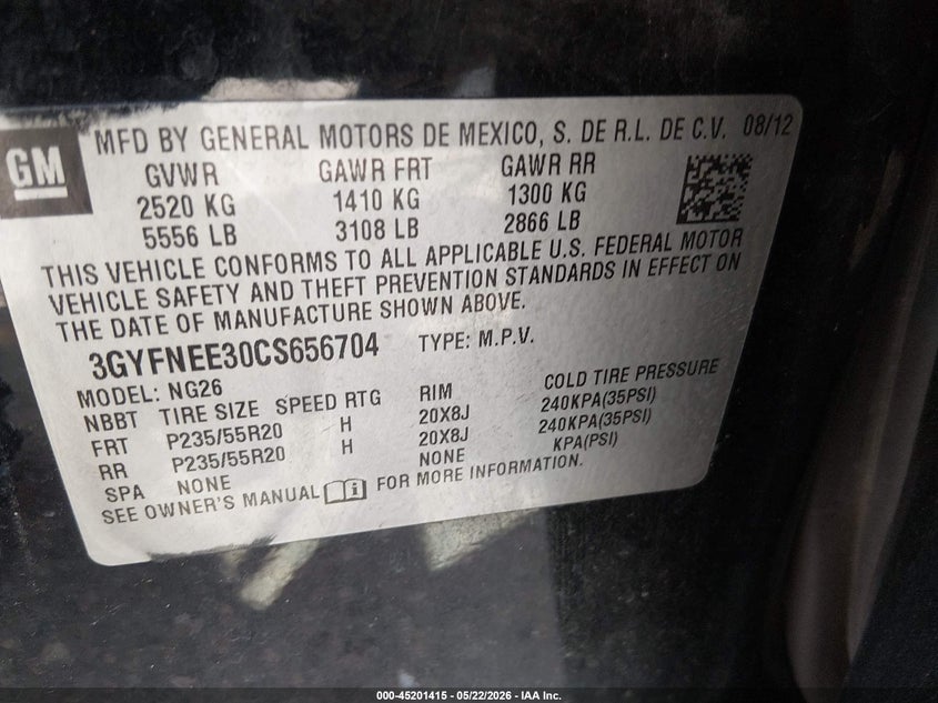 2012 Cadillac Srx Performance Collection VIN: 3GYFNEE30CS656704 Lot: 45201415