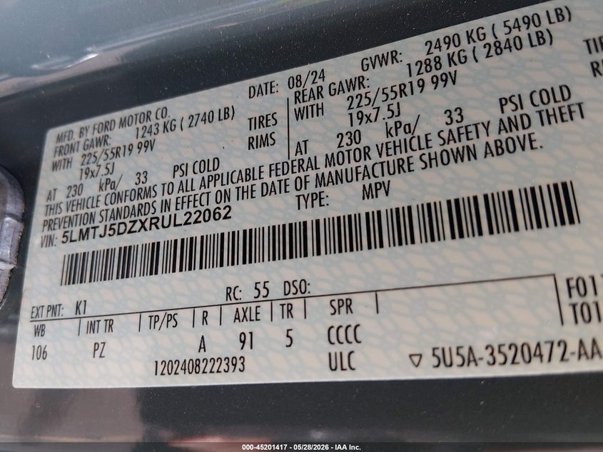 2024 Lincoln Corsair Grand Touring VIN: 5LMTJ5DZXRUL22062 Lot: 45201417