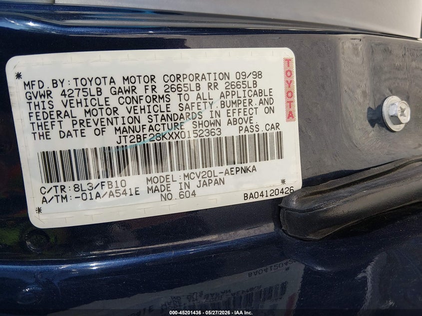 1999 Toyota Camry Le V6/Xle V6 VIN: JT2BF28KXX0152363 Lot: 45201436