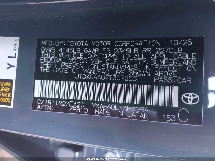 2026 Toyota Prius Xle VIN: JTDACAAU7T3072531 Lot: 45201453