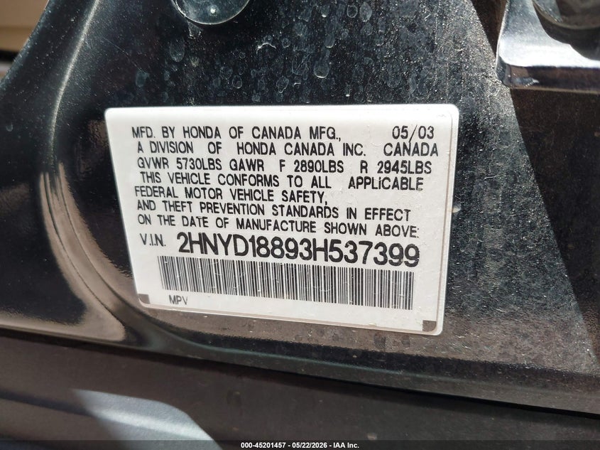 2003 Acura Mdx VIN: 2HNYD18893H537399 Lot: 45201457