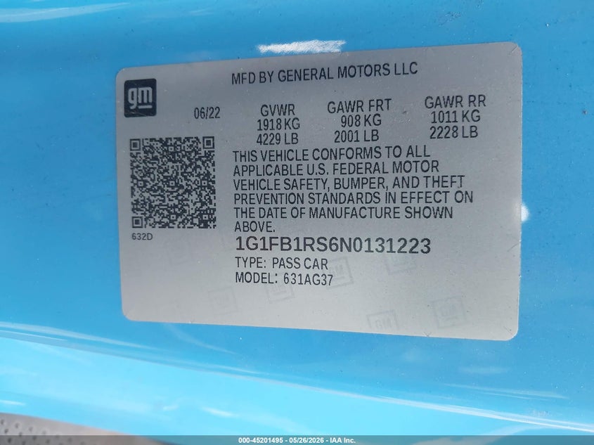 2022 Chevrolet Camaro Rwd 1Lt VIN: 1G1FB1RS6N0131223 Lot: 45201495