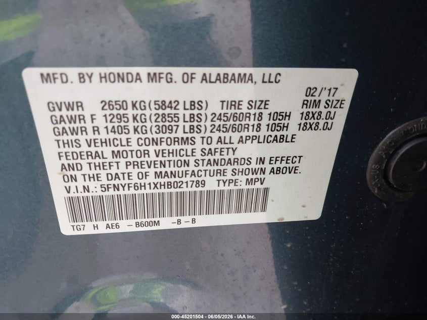 2017 Honda Pilot Lx VIN: 5FNYF6H1XHB021789 Lot: 45201504