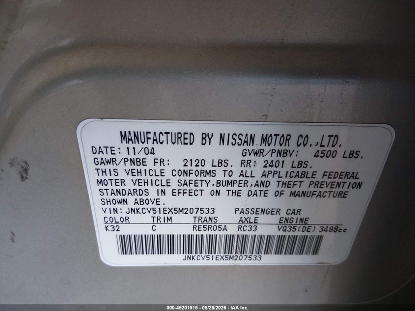 2005 Infiniti G35 VIN: JNKCV51EX5M207533 Lot: 45201515