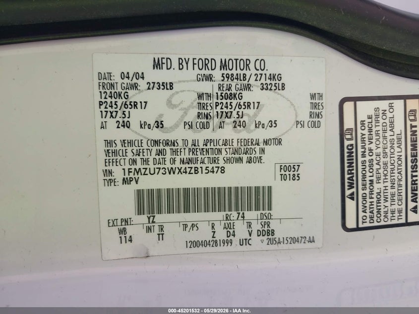 2004 Ford Explorer Nbx/Xlt VIN: 1FMZU73WX4ZB15478 Lot: 45201532